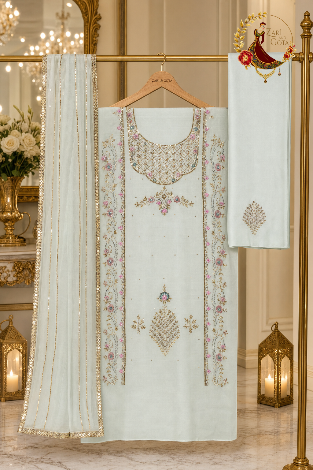 Unstitched light green designer Chanderi silk poncha work suit set components displayed on a hanger: shirt fabric, dupatta and bottom