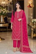 Magenta silk zari weave unstitched suit set with dupatta worn by a model, Zari and Gota UK