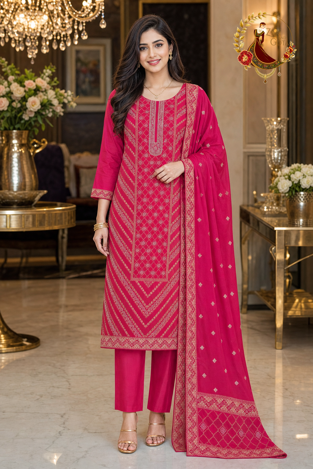 Magenta silk zari weave unstitched suit set with dupatta worn by a model, Zari and Gota UK
