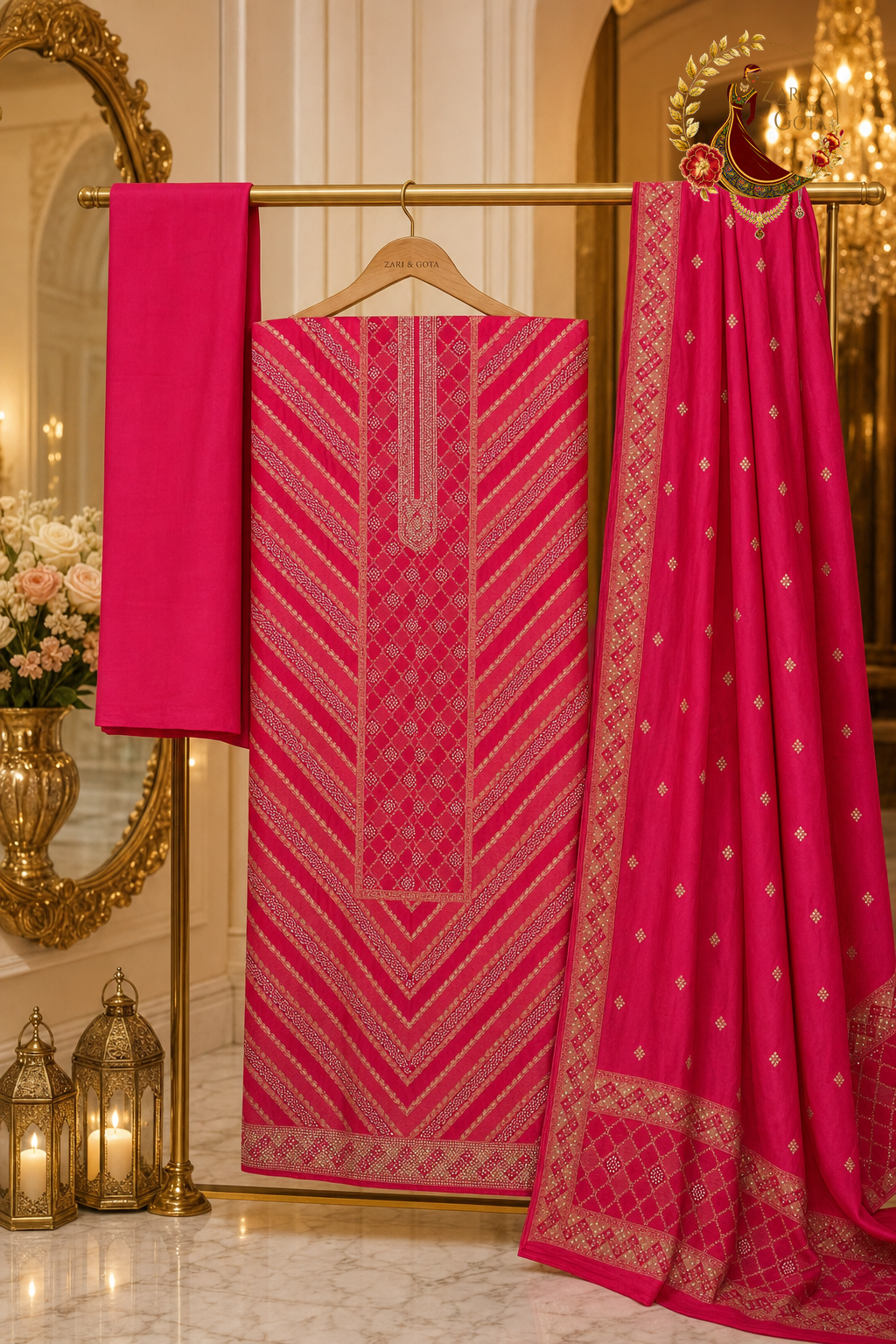 Unstitched magenta silk suit set components displayed on a hanger: shirt fabric, dupatta and bottom