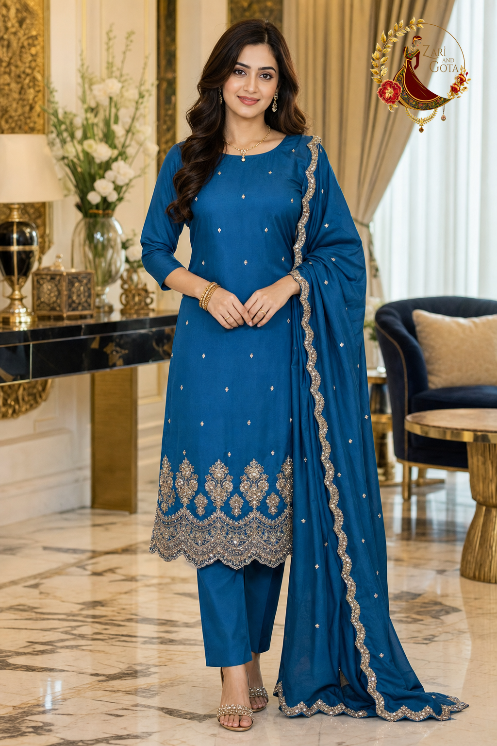 Peacock blue crepe embroidered unstitched suit set with dupatta worn by a model, Zari and Gota UK