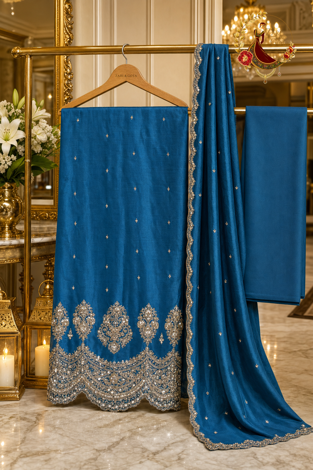 Unstitched peacock blue suit set components on a hanger: zardozi shirt fabric, dupatta and plain bottom