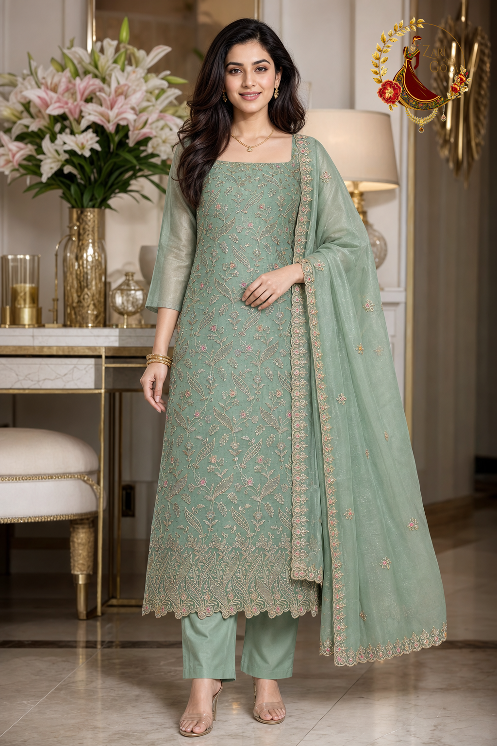 Sea green organza embroidered unstitched suit set with dupatta worn by a model, Zari and Gota UK