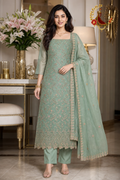Sea green organza embroidered unstitched suit set with dupatta worn by a model, Zari and Gota UK