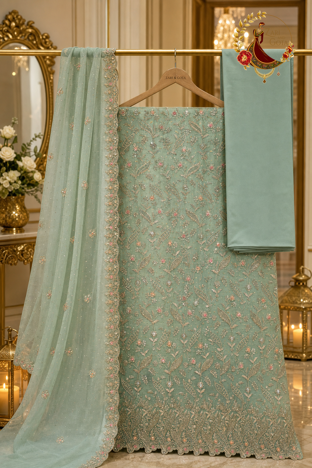 Unstitched sea green organza suit set components on a hanger: embroidered shirt fabric, dupatta and shantoon bottom