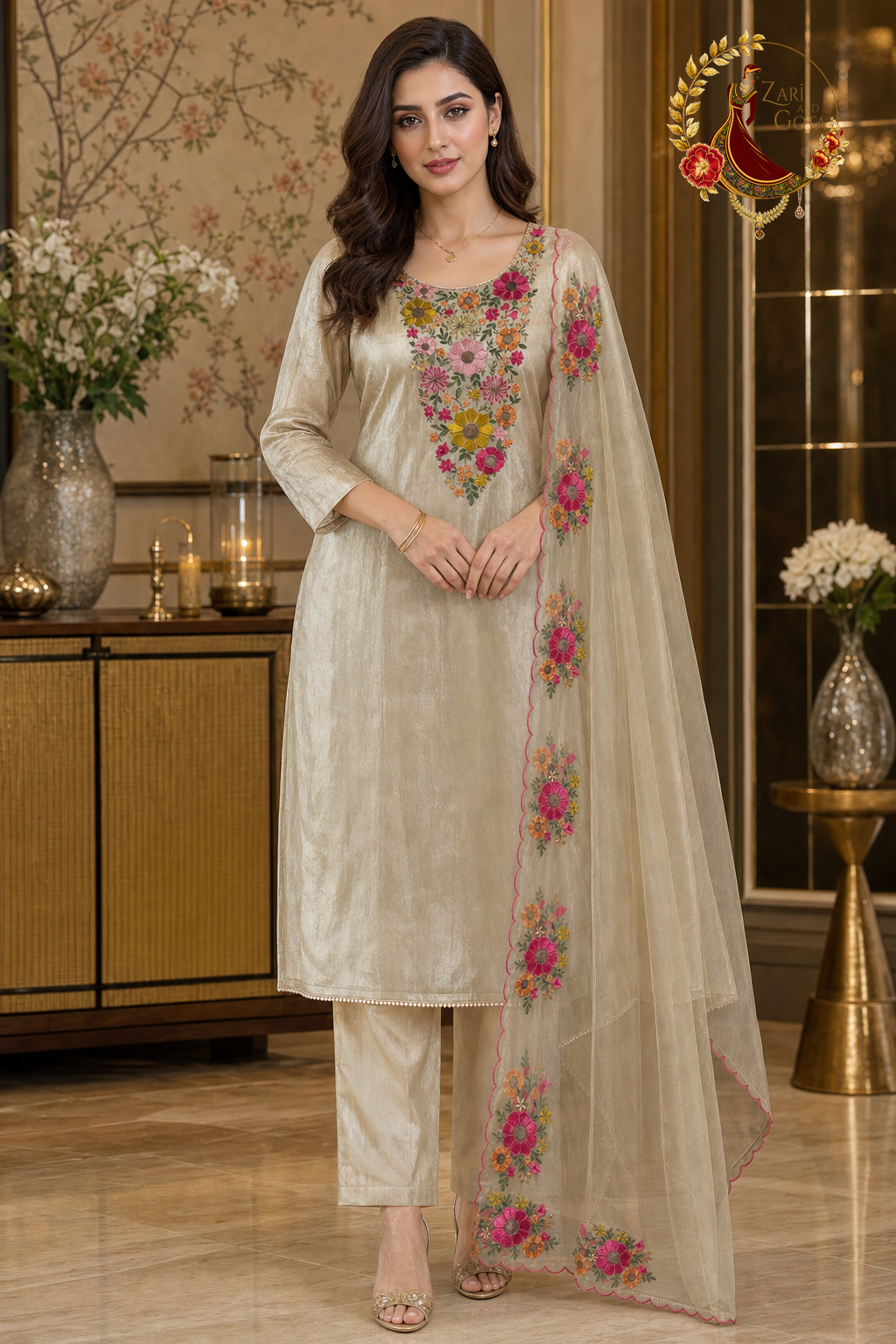 Golden beige tissue silk floral unstitched suit set with dupatta worn by a model, Zari and Gota UK