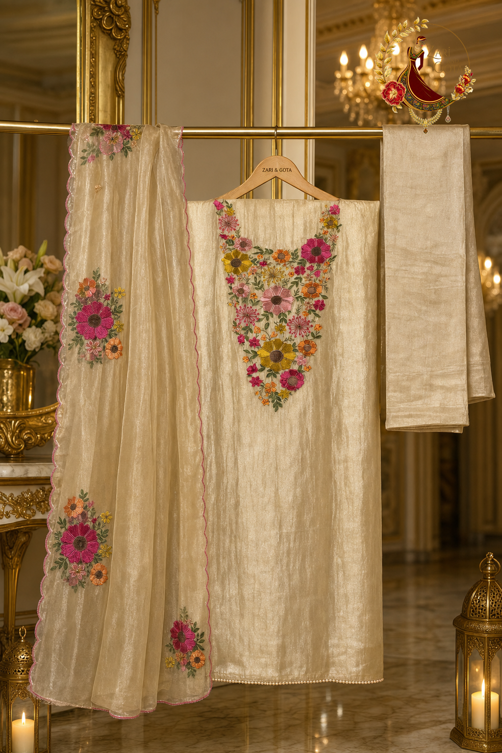 Unstitched golden beige tissue suit set components on a hanger: floral shirt fabric, sheer dupatta and silk bottom