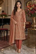 Peachy pink shimmer unstitched suit set with beaded paisley work and dupatta worn by a model, Zari and Gota UK