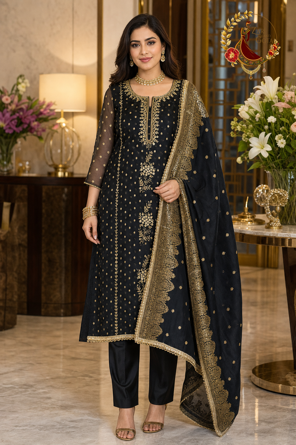 Black Banarasi silk cutdana unstitched suit set with dupatta worn by a model, Zari and Gota UK