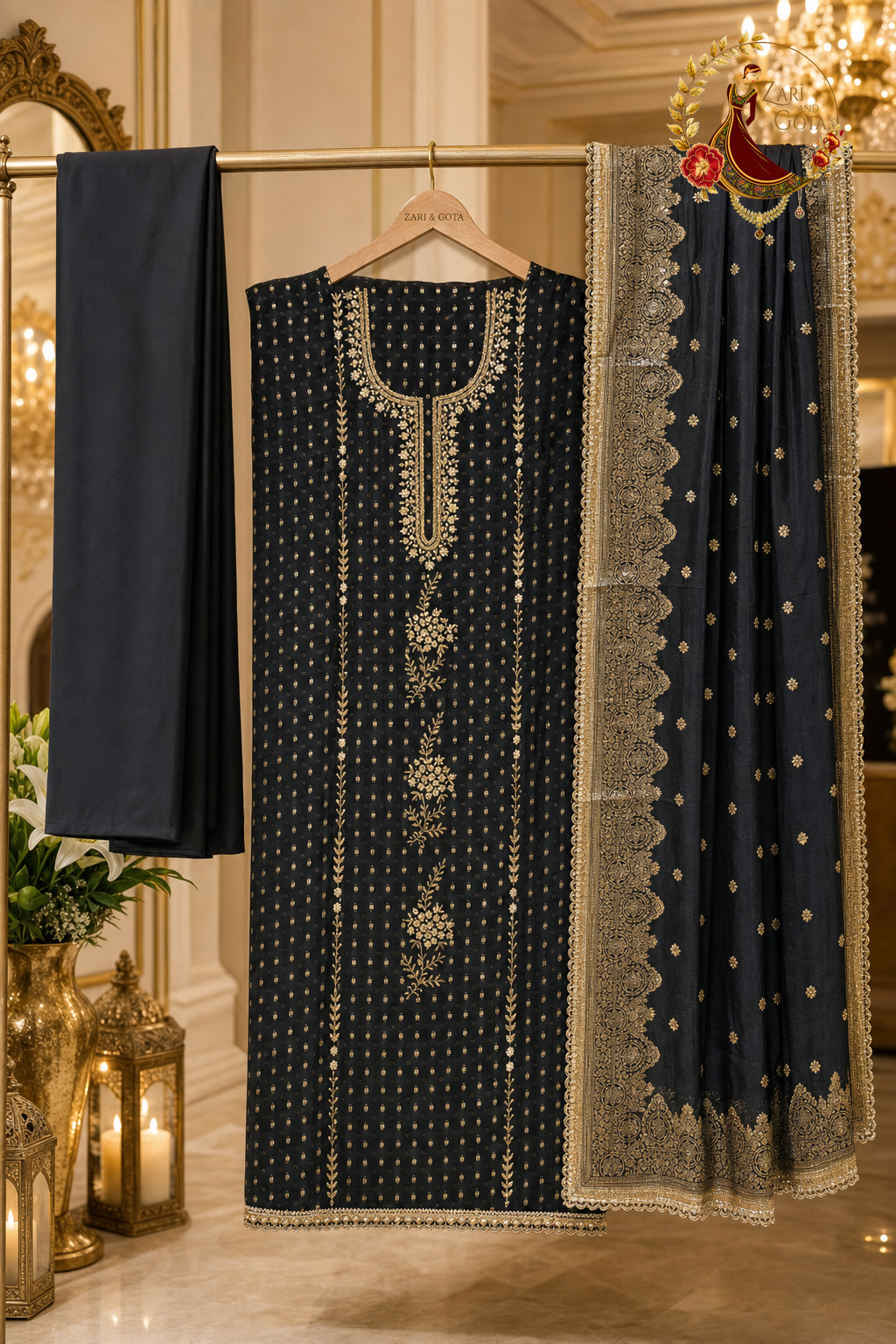 Unstitched black Banarasi suit set components on a hanger: buti shirt fabric, broad-border dupatta and plain bottom