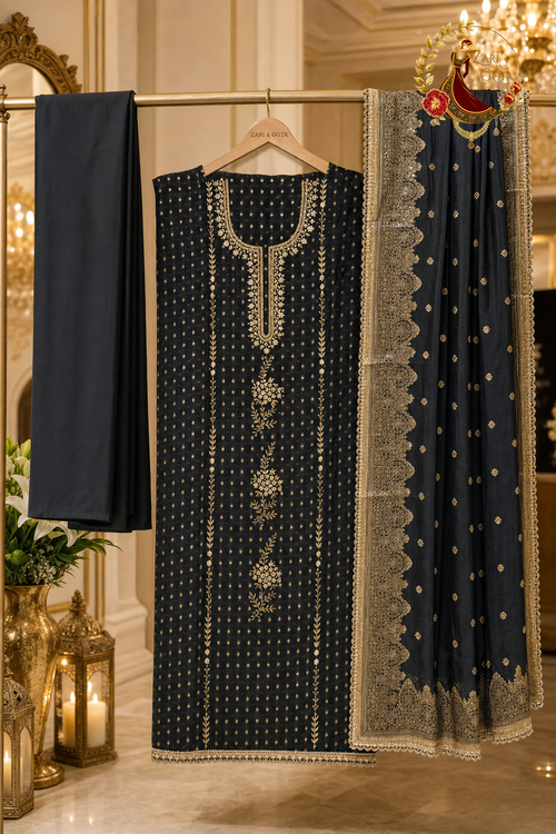 Unstitched black Banarasi suit set components on a hanger: buti shirt fabric, broad-border dupatta and plain bottom