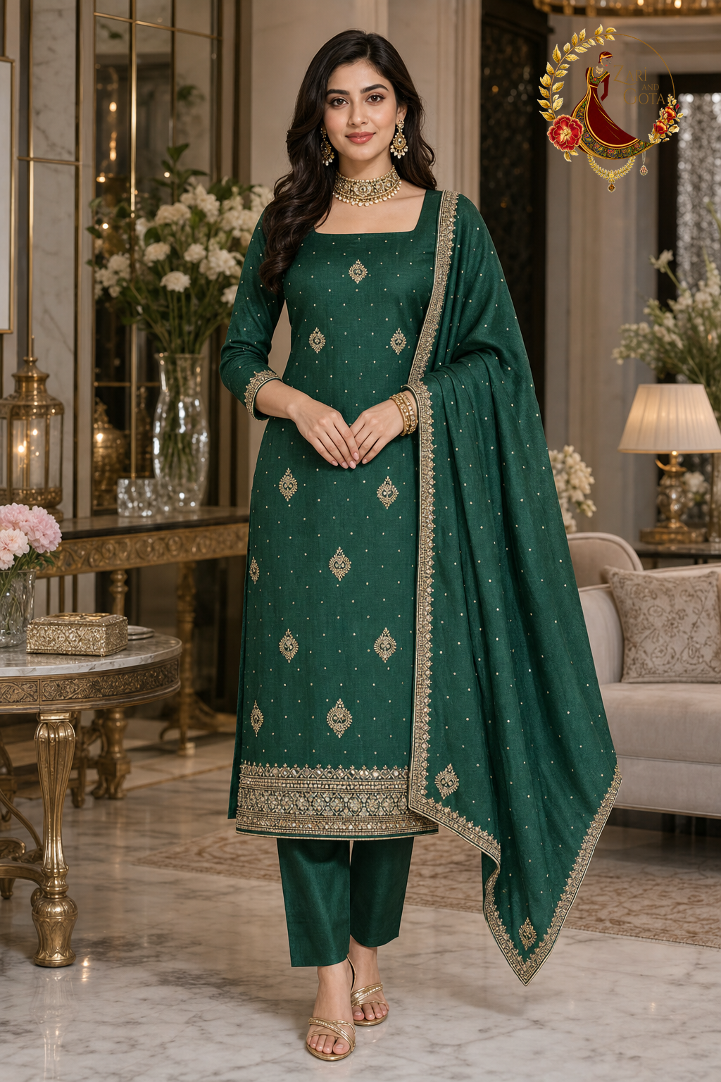 Emerald green silk unstitched suit set with kundan stone, mirror and pearl work and dupatta, worn by a model, Zari and Gota UK