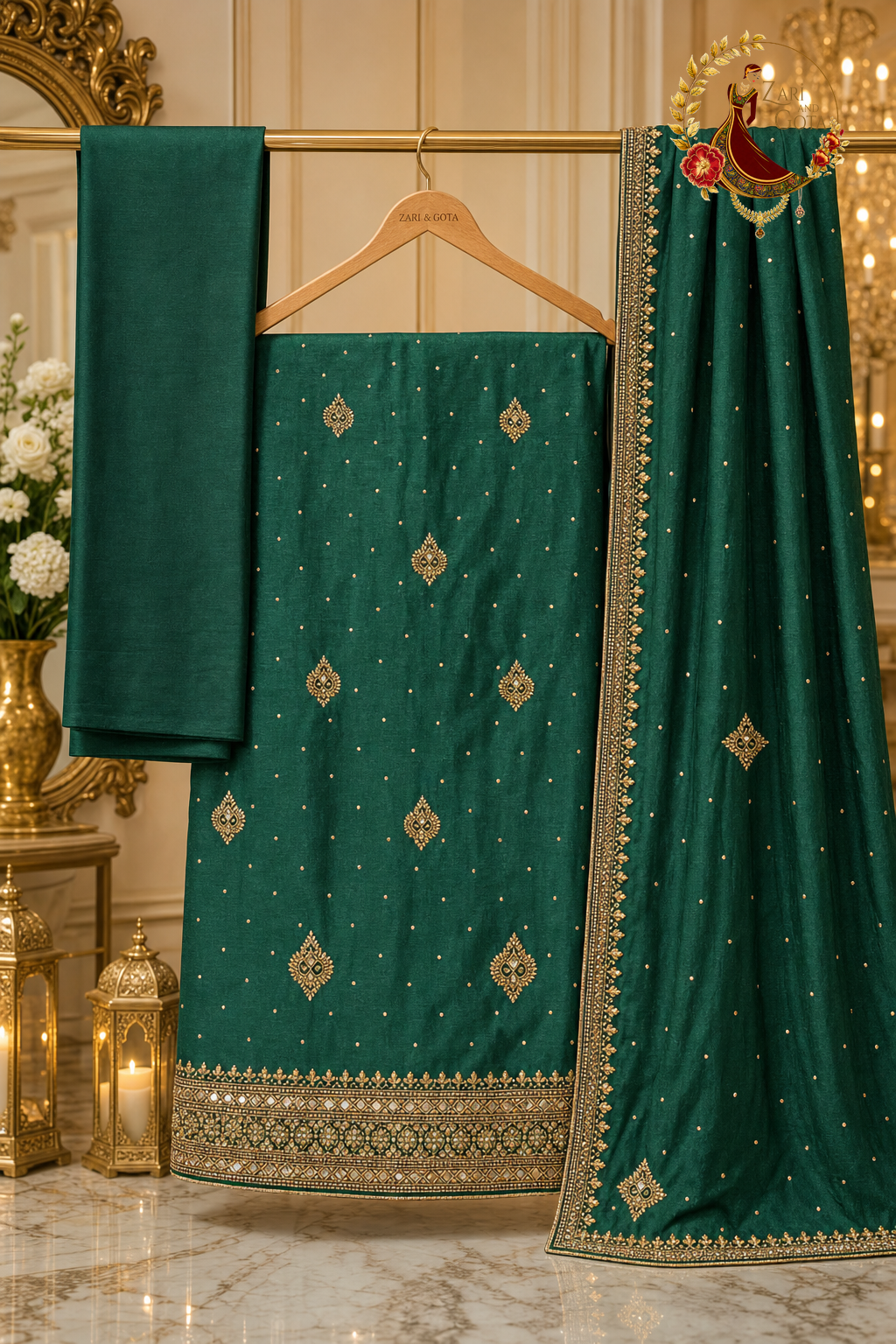 Unstitched emerald green silk suit set components displayed on a hanger: shirt fabric, dupatta and bottom