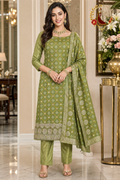 Olive green bandhani silk unstitched suit set with mukaish, sequin and zari work and dupatta, worn by a model, Zari and Gota UK