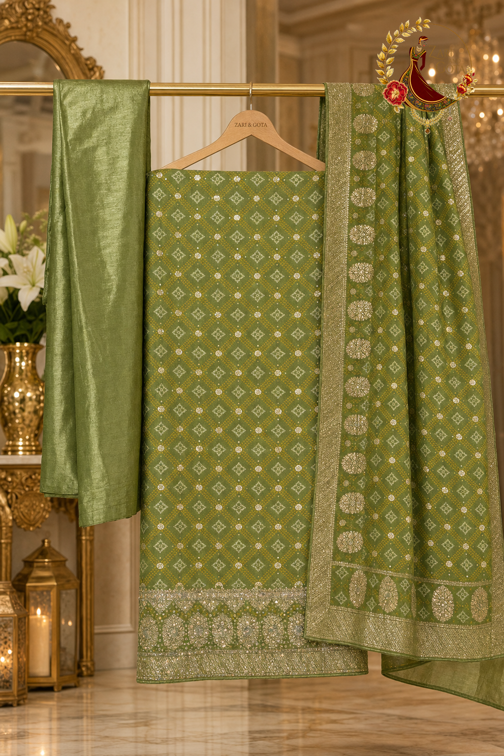 Unstitched olive green bandhani silk suit set components displayed on a hanger: shirt fabric, dupatta and bottom