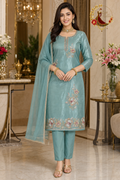 Rama green crepe unstitched suit set with cutdana, sequin and golden thread rose embroidery and chiffon dupatta, worn by a model, Zari and Gota UK