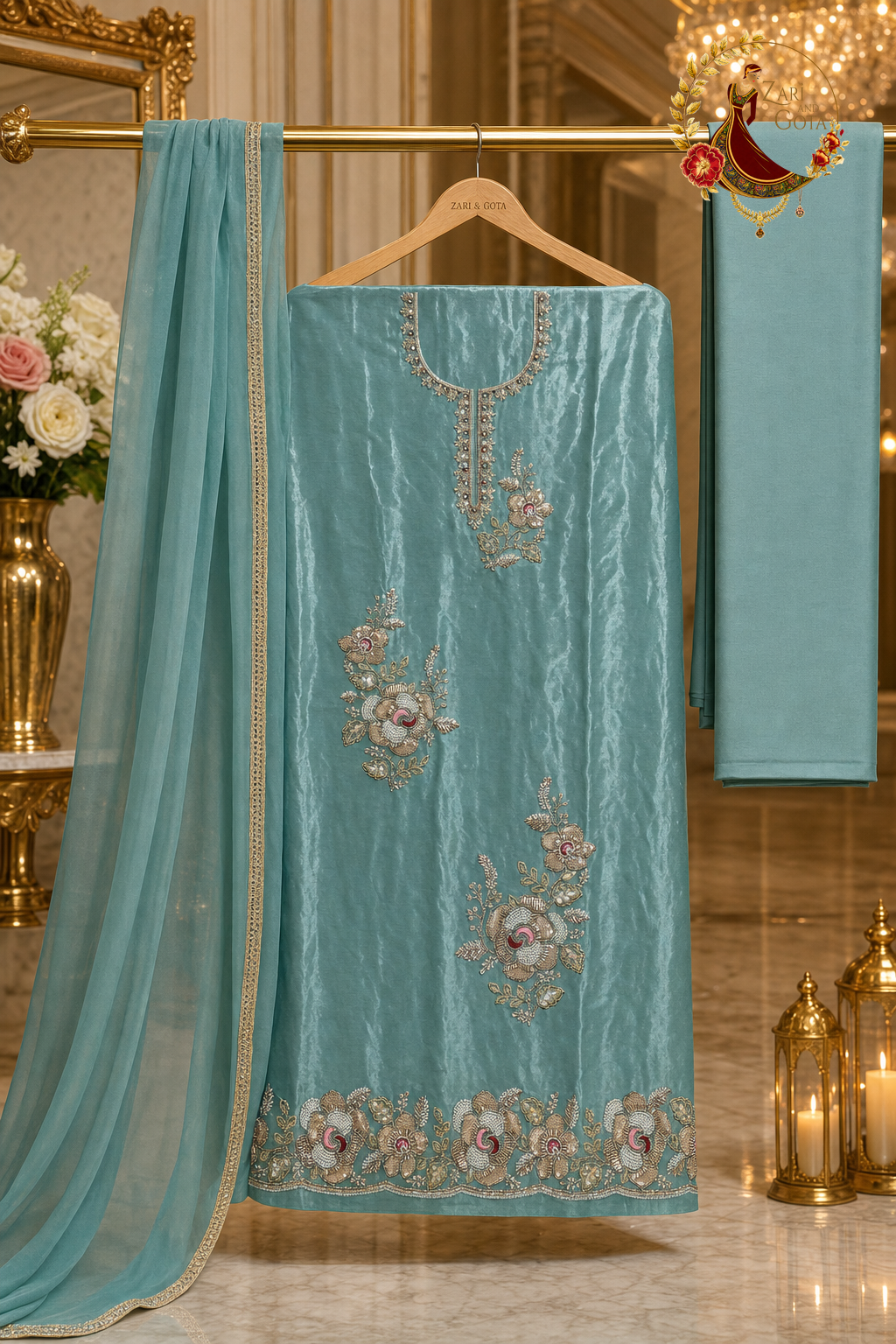Unstitched rama green crepe suit set components displayed on a hanger: shirt fabric, chiffon dupatta and bottom