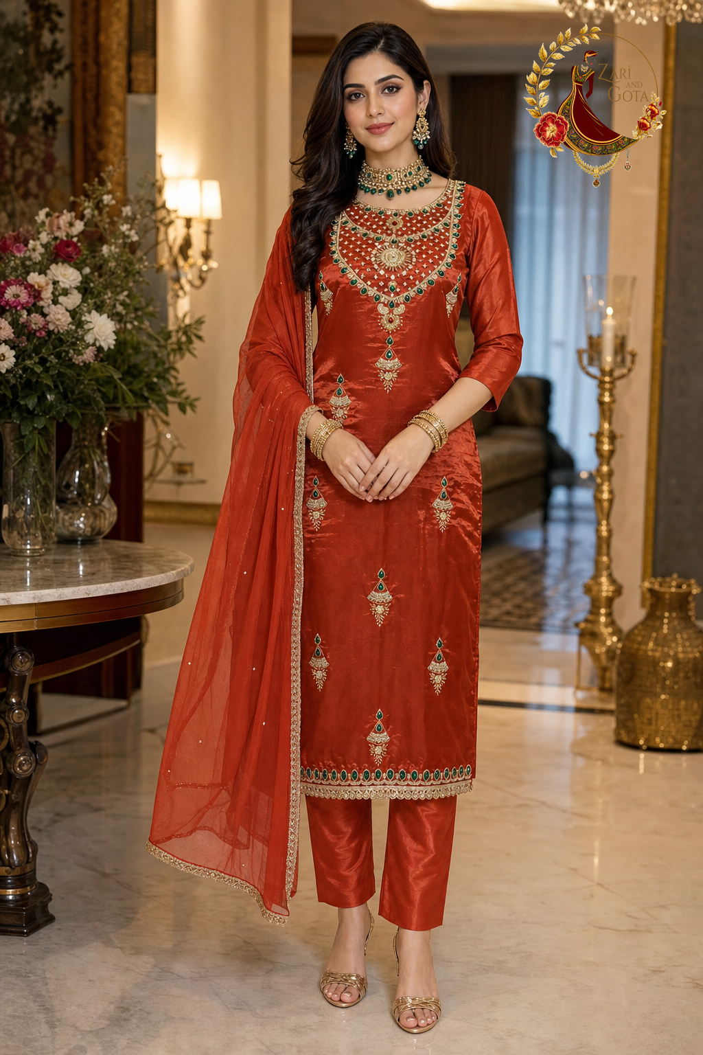 Rust orange crepe unstitched suit set with emerald stone and gold zardozi yoke, jhumka butas and chiffon dupatta, worn by a model, Zari and Gota UK