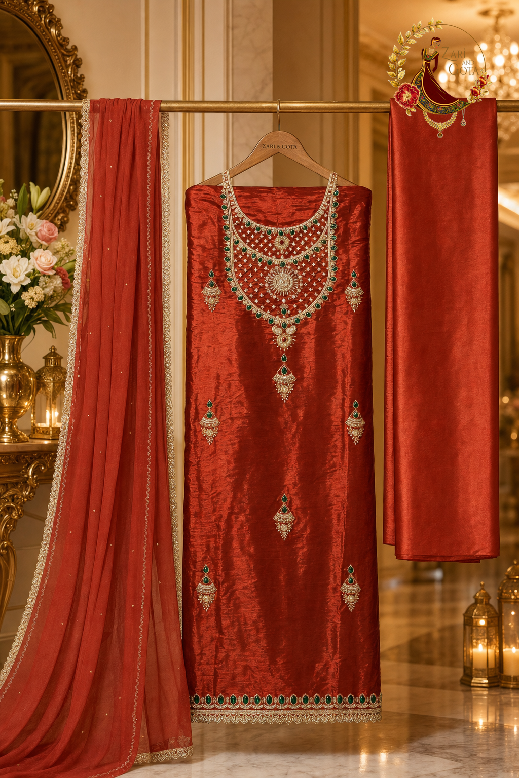 Unstitched rust orange crepe suit set components displayed on a hanger: shirt fabric, chiffon dupatta and bottom