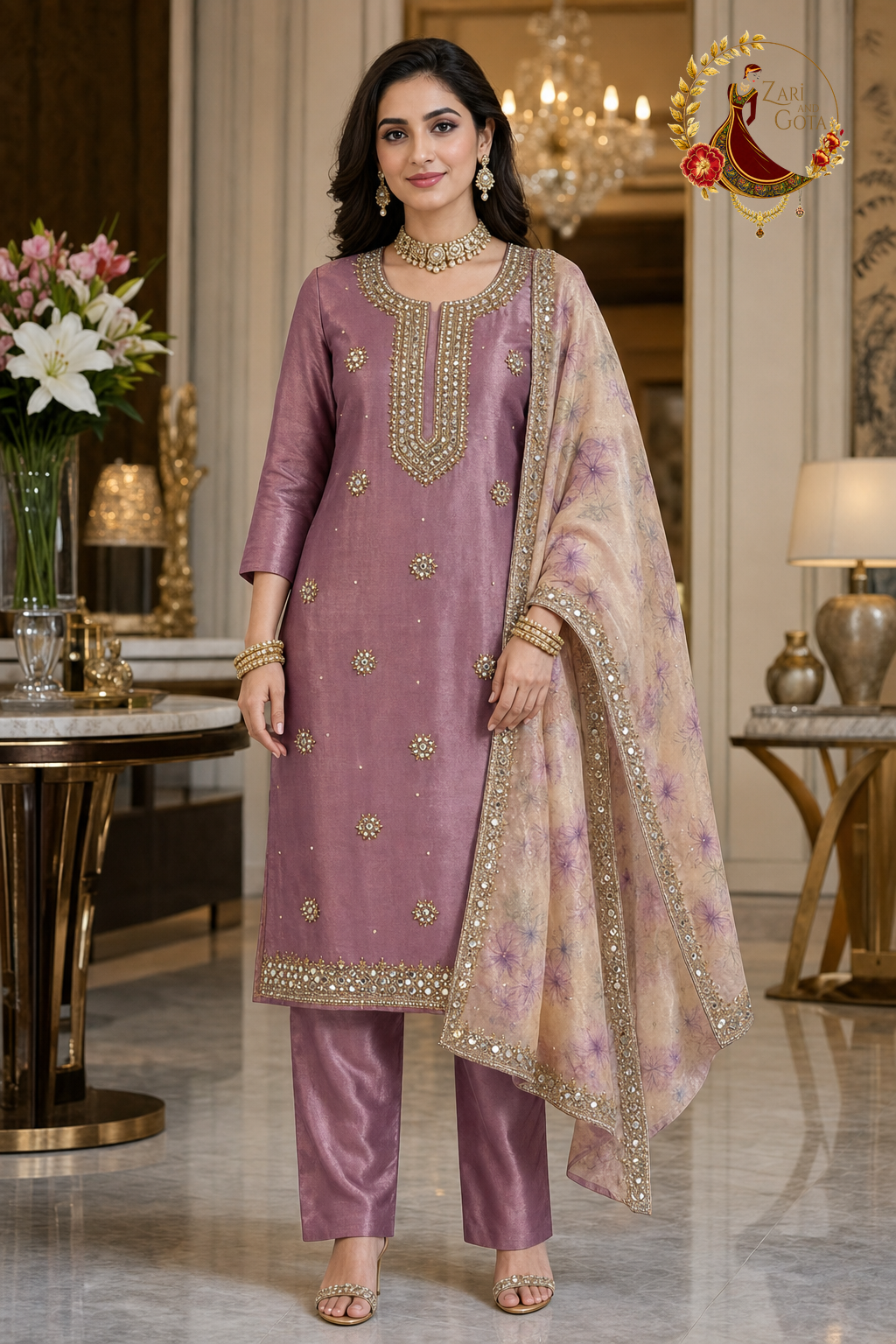 Mauve purple shimmer silk unstitched suit set with mirror work and digital-print dupatta, worn by a model, Zari and Gota UK
