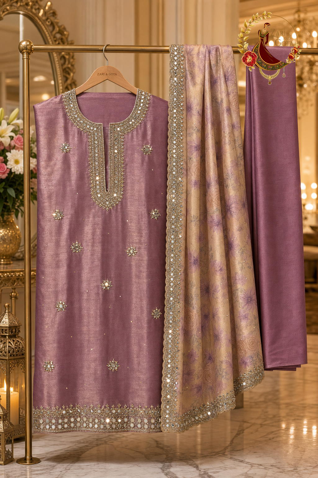 Unstitched mauve purple shimmer silk mirror work suit set components displayed on a hanger: shirt fabric, printed dupatta and bottom