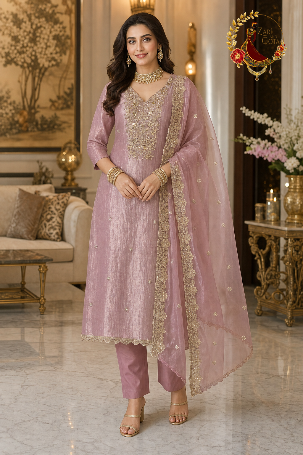 Pinkish mauve tissue silk unstitched suit set with gold cutdana and pearl neck work and embroidered tissue dupatta, worn by a model, Zari and Gota UK
