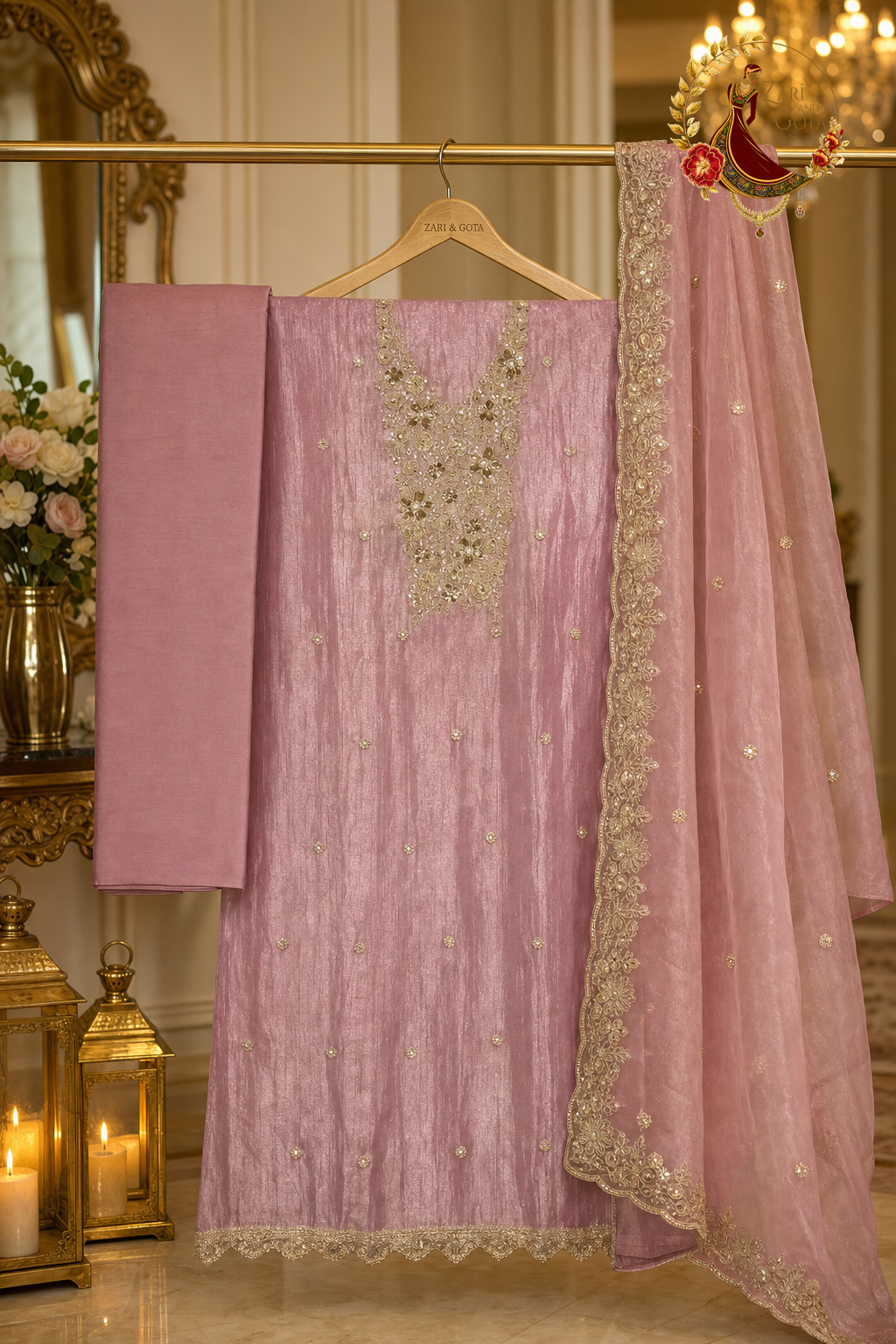 Unstitched pinkish mauve tissue silk suit set components displayed on a hanger: shirt fabric, tissue dupatta and bottom