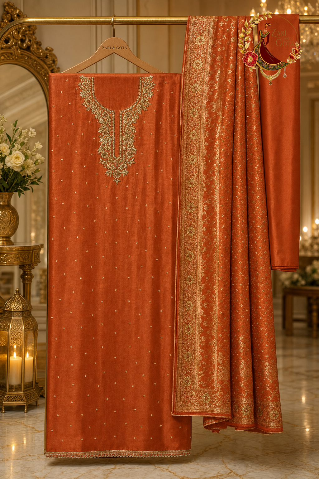 Unstitched rust orange silk suit set components displayed on a hanger: shirt fabric, Banarasi dupatta and bottom