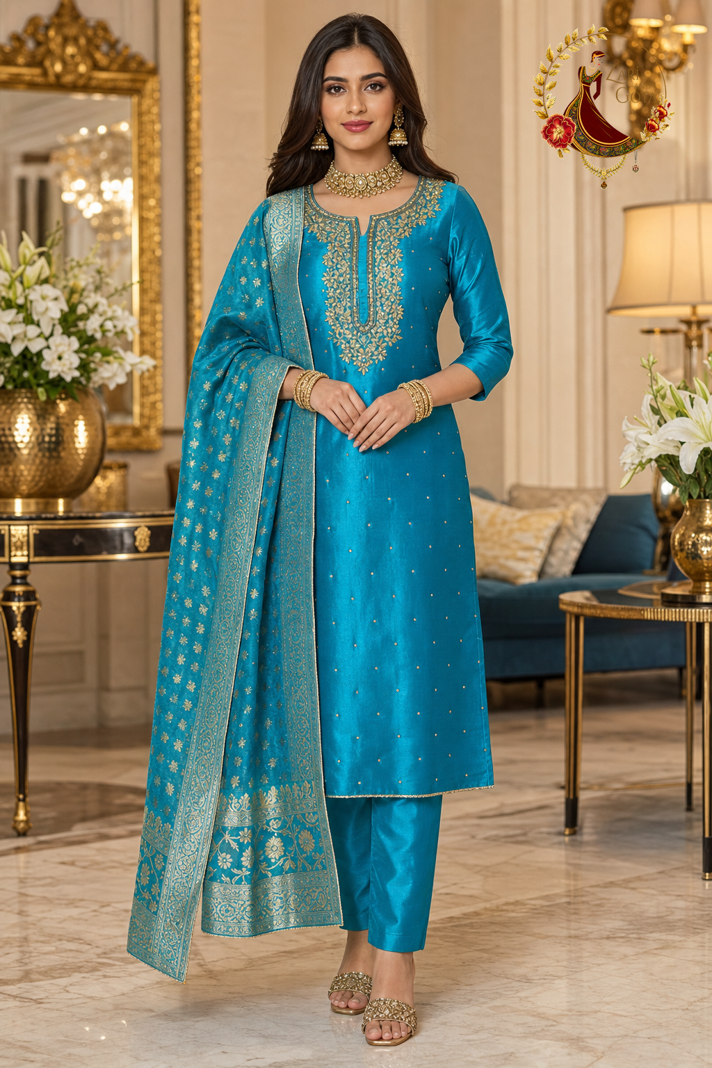 Firozi turquoise silk unstitched suit set with antique gold cutdana neck work and woven zari Banarasi dupatta, worn by a model, Zari and Gota UK