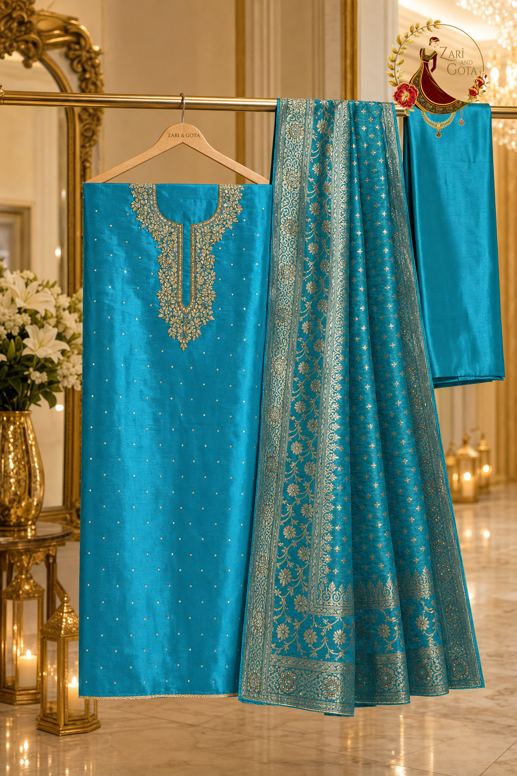 Unstitched firozi turquoise silk suit set components displayed on a hanger: shirt fabric, Banarasi dupatta and bottom