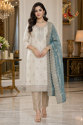 Shimmery ivory white silk unstitched suit set with rose gold embroidery and contrast aqua blue dupatta, worn by a model, Zari and Gota UK