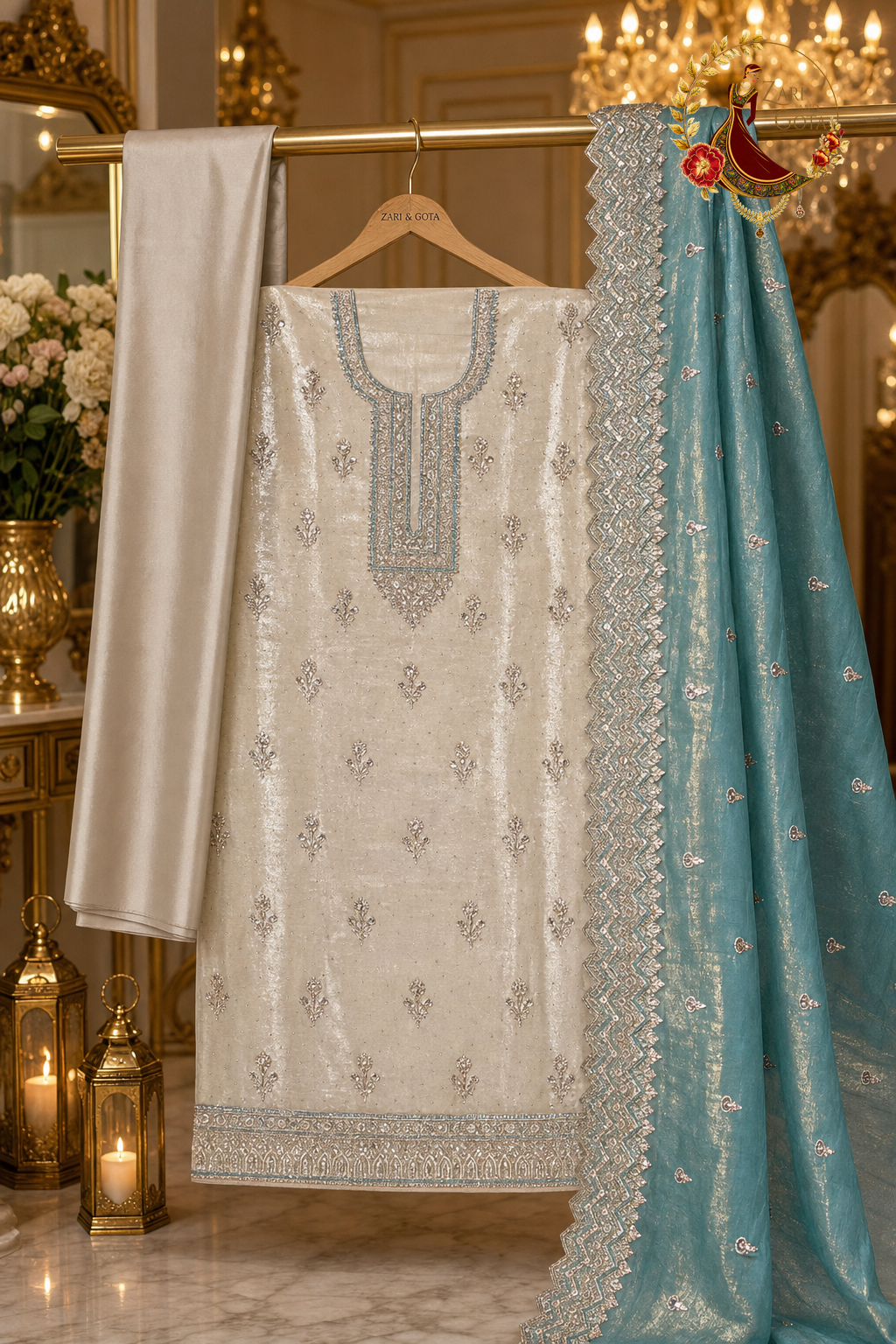 Unstitched ivory white shimmer silk suit set components displayed on a hanger: shirt fabric, contrast blue dupatta and champagne bottom