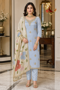 Powder blue crepe unstitched suit set with gold cutdana and pearl neck work and floral digital-print Chanderi dupatta, worn by a model, Zari and Gota UK