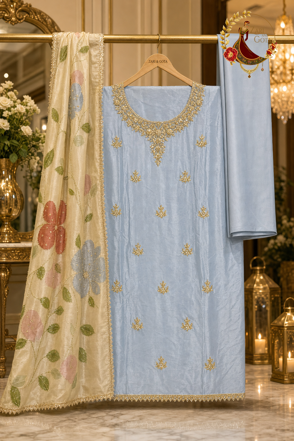 Unstitched powder blue crepe suit set components displayed on a hanger: shirt fabric, floral Chanderi dupatta and bottom