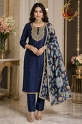 Navy blue silk unstitched suit set with mirror, cutdana and pearl neck work and floral digital-print Chanderi dupatta, worn by a model, Zari and Gota UK