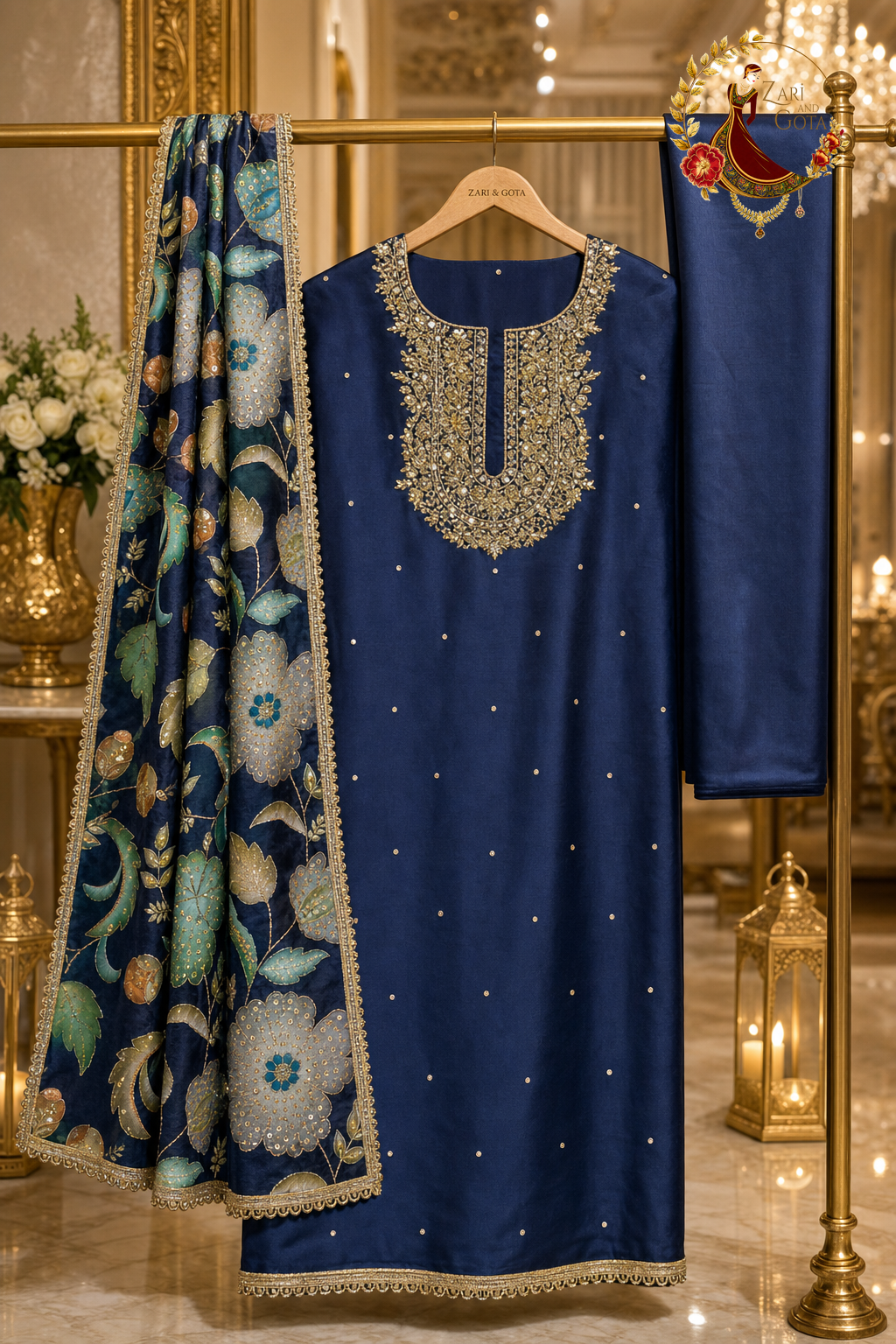 Unstitched navy blue silk suit set components displayed on a hanger: shirt fabric, floral Chanderi dupatta and bottom