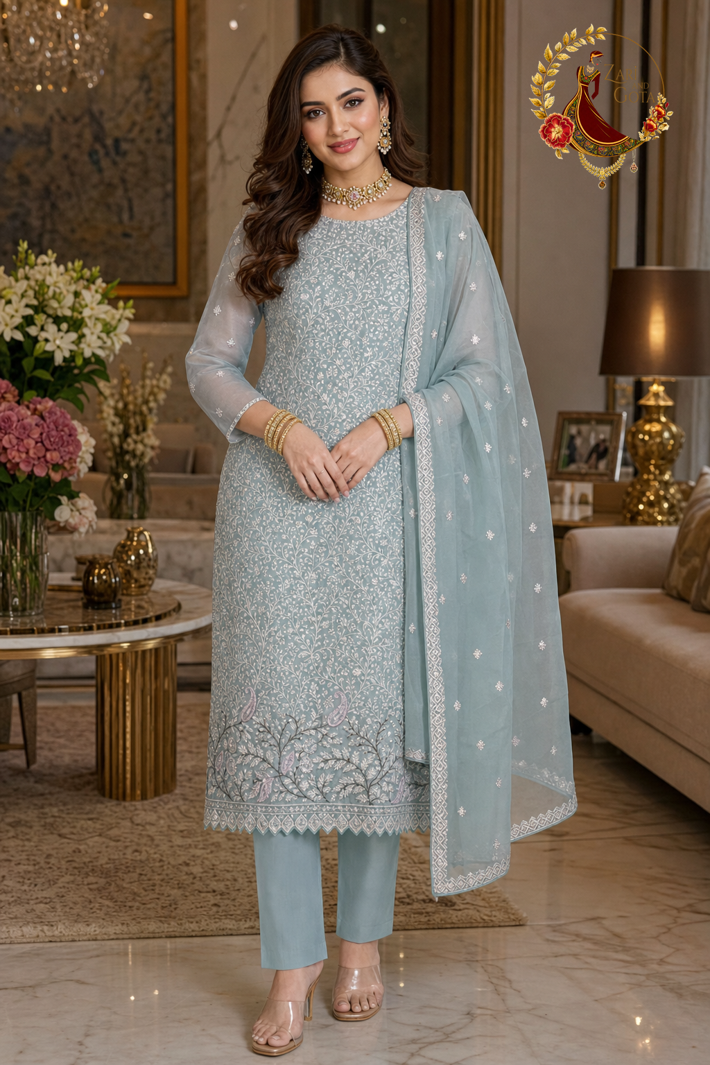 Ice blue Chanderi unstitched suit set with all-over ivory and silver sequin embroidery and matching dupatta, worn by a model, Zari and Gota UK