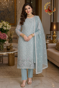 Ice blue Chanderi unstitched suit set with all-over ivory and silver sequin embroidery and matching dupatta, worn by a model, Zari and Gota UK