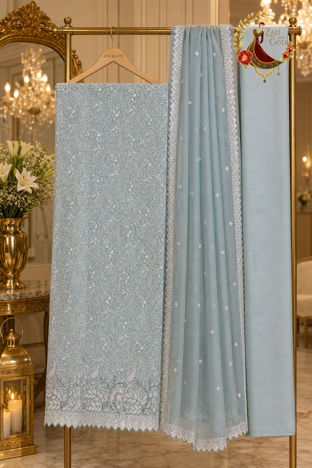 Unstitched ice blue Chanderi embroidered suit set components displayed on a hanger: shirt fabric, dupatta and bottom