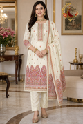 Cream silk unstitched suit set with floral print, kantha embroidery, paisley hem and digital-print dupatta, worn by a model, Zari and Gota UK
