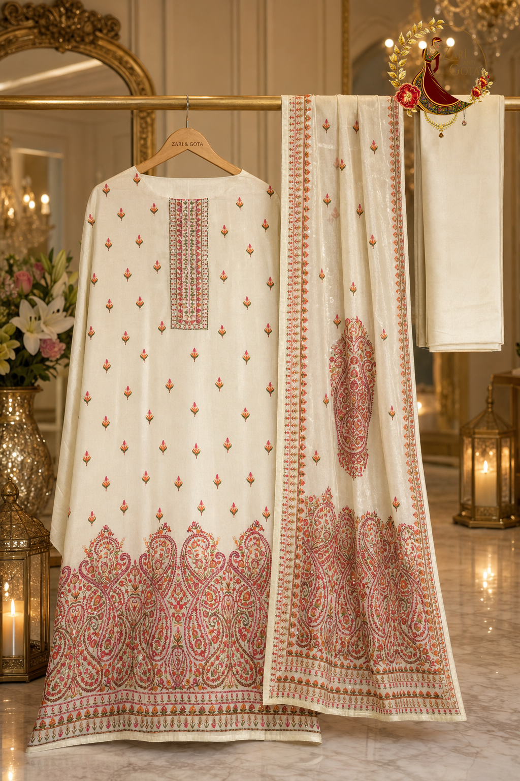 Unstitched cream printed silk suit set components displayed on a hanger: shirt fabric, digital-print dupatta and bottom