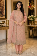 Peach organza unstitched suit set with all-over gold and pink zari embroidery and embroidered organza dupatta, worn by a model, Zari and Gota UK