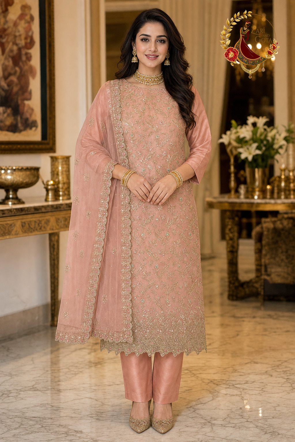 Peach organza unstitched suit set with all-over gold and pink zari embroidery and embroidered organza dupatta, worn by a model, Zari and Gota UK