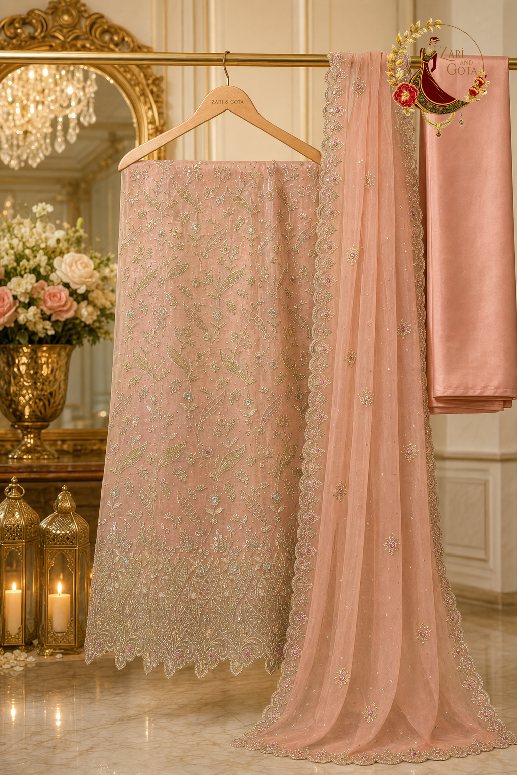 Unstitched peach organza embroidered suit set components displayed on a hanger: shirt fabric, dupatta and shantoon bottom