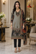 Grey and black designer silk unstitched suit set with peacock embroidery, gota work and printed embellished dupatta, worn by a model, Zari and Gota UK