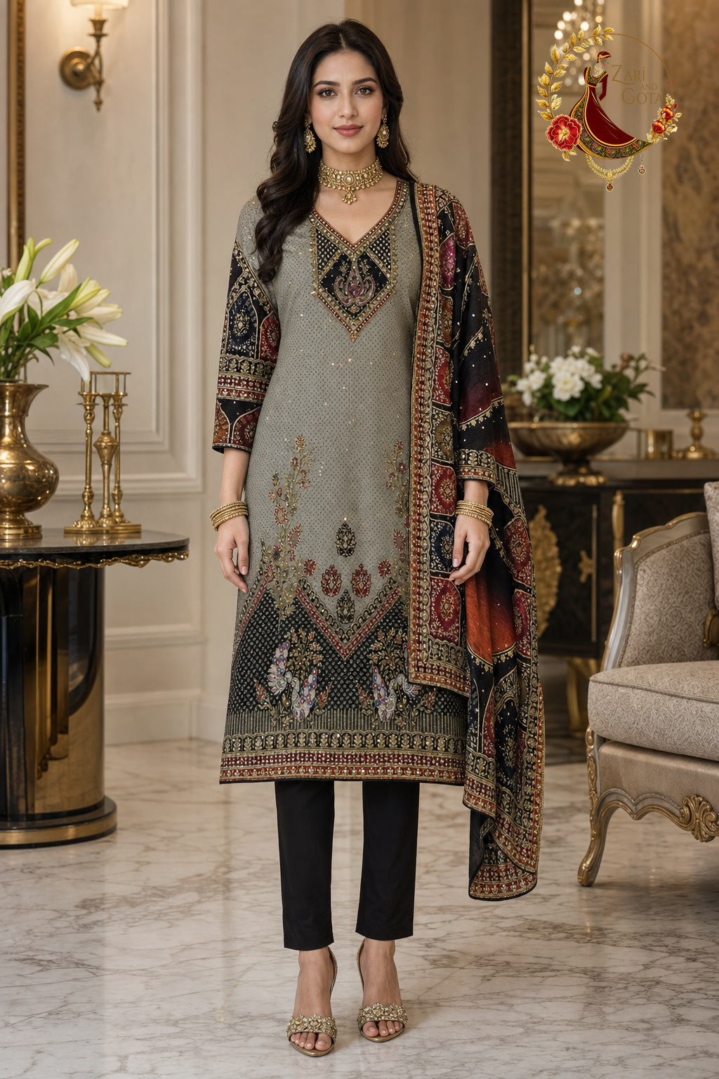 Grey and black designer silk unstitched suit set with peacock embroidery, gota work and printed embellished dupatta, worn by a model, Zari and Gota UK