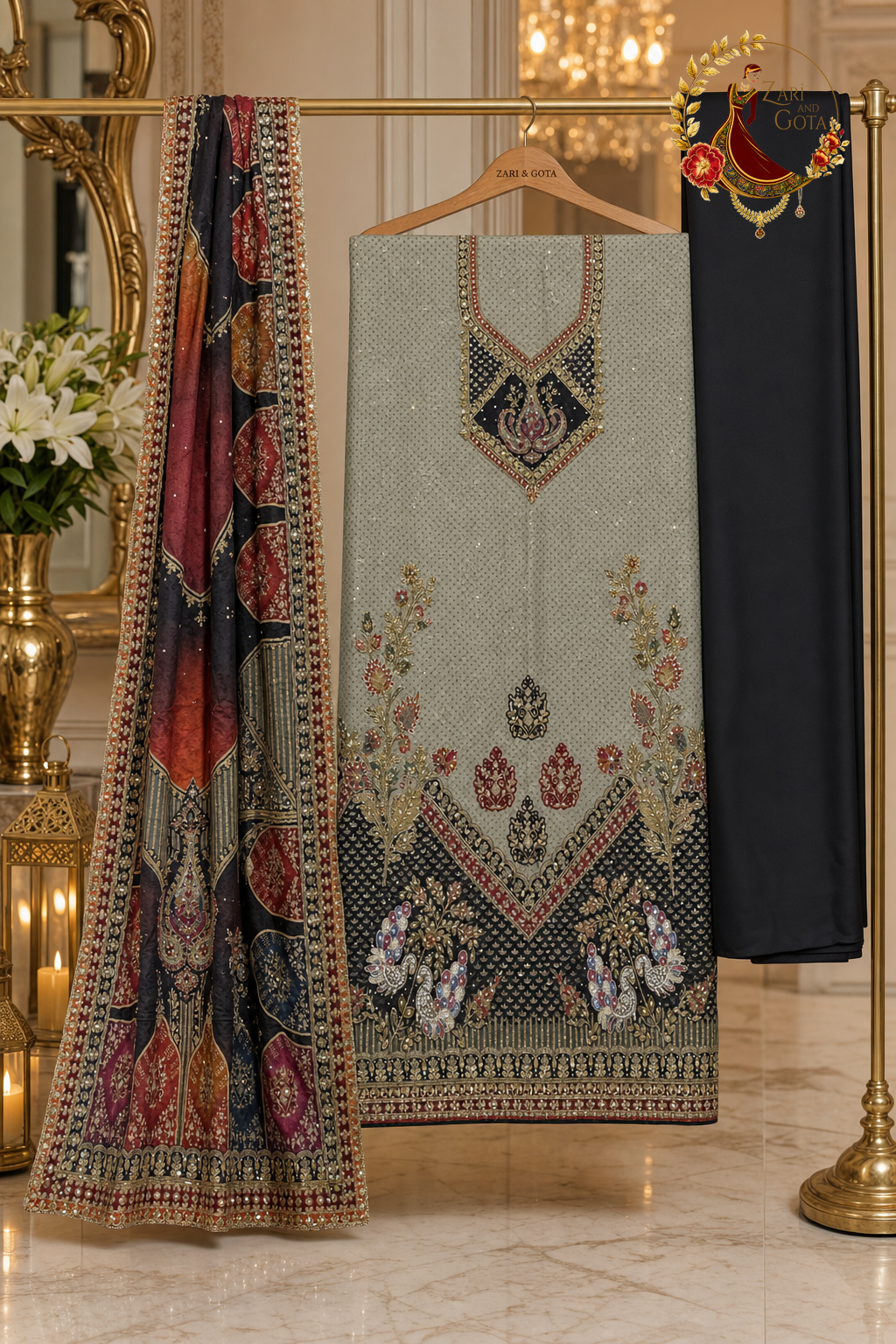 Unstitched grey and black peacock embroidered silk suit set components displayed on a hanger: shirt fabric, printed dupatta and bottom