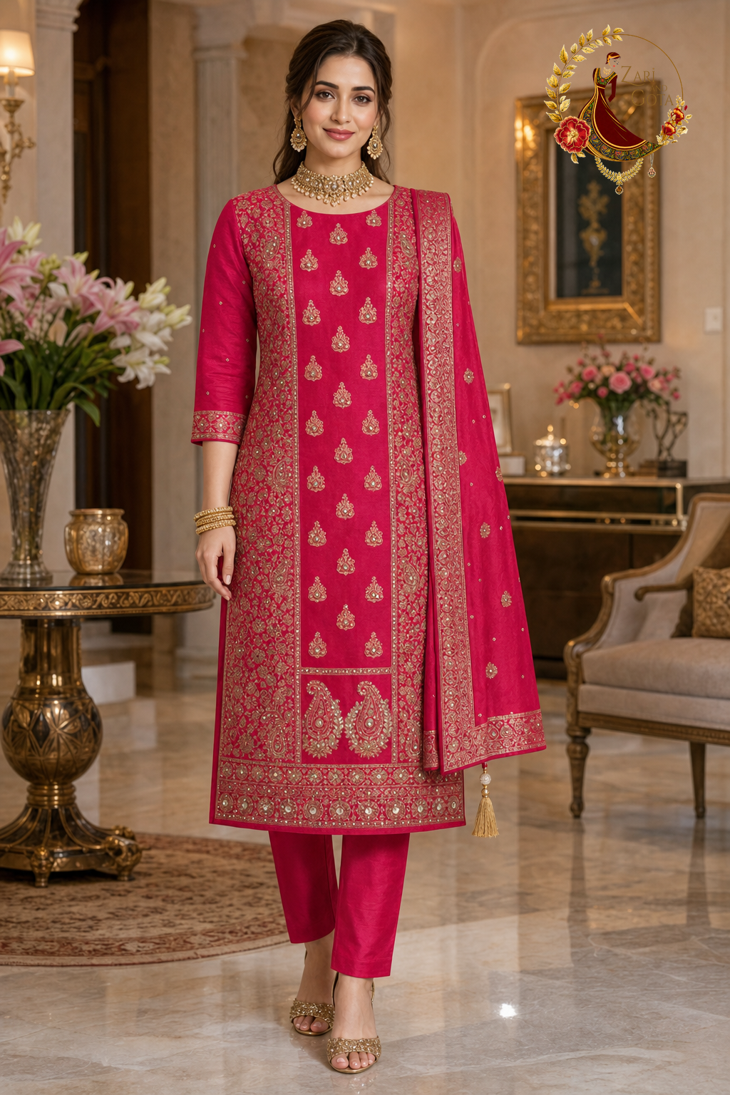 Rani pink Banarasi silk unstitched suit set with gold zari weave, mirror, cutdana and stone work and tasselled dupatta, worn by a model, Zari and Gota UK