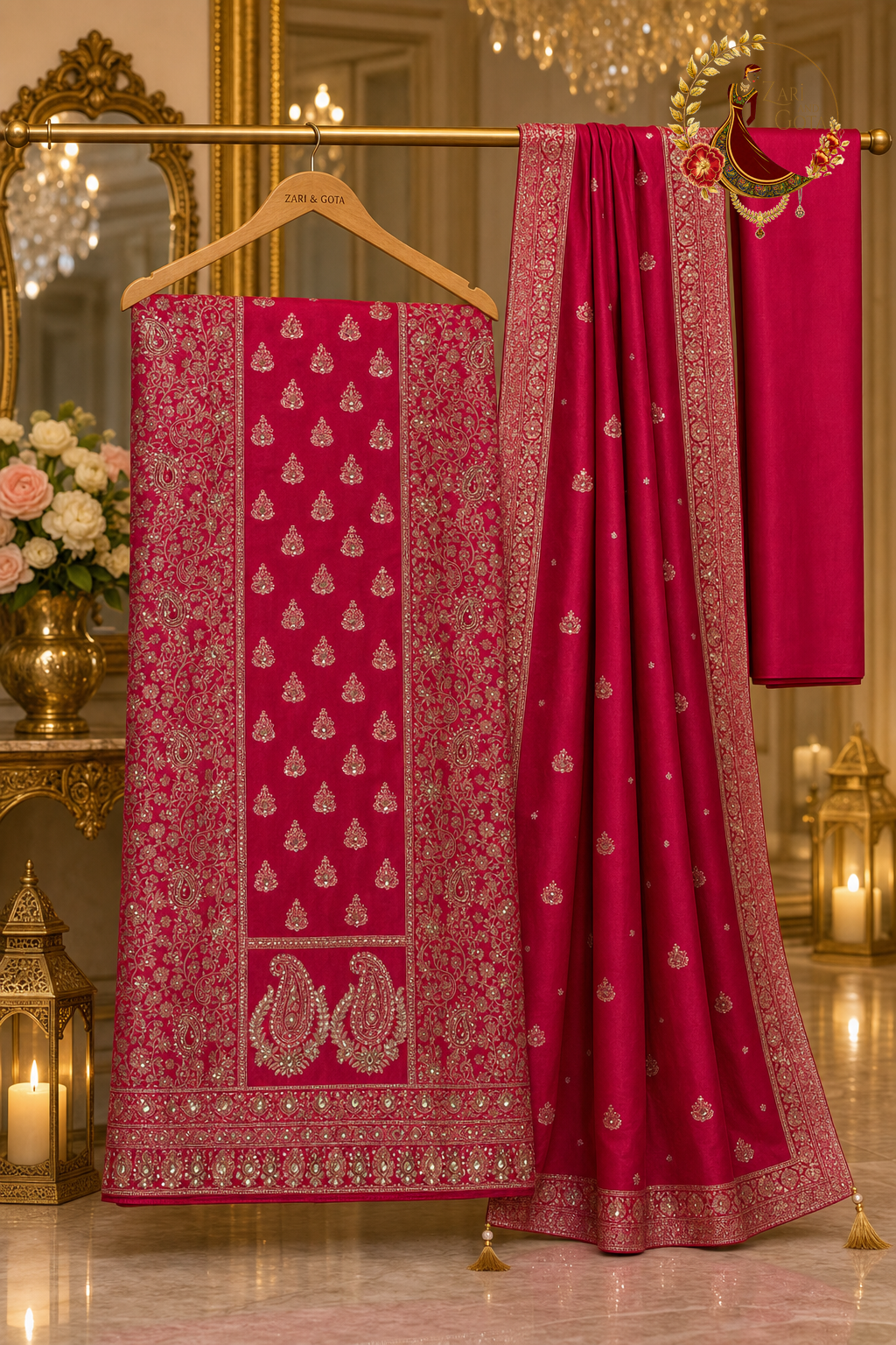 Unstitched rani pink Banarasi silk mirror work suit set components displayed on a hanger: shirt fabric, dupatta and bottom