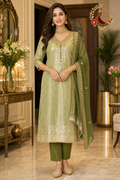 Olive green Banarasi tissue unstitched suit set with gold gota-patti work and pearl-edged chiffon dupatta, worn by a model, Zari and Gota UK